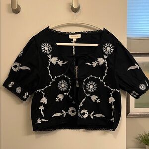 Jennifer & Grace Black Cropped Tie-Front Blouse with White Floral Embroidery